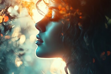 Mystical Woman Profile Portrait with Bokeh and Golden Lights in Nature