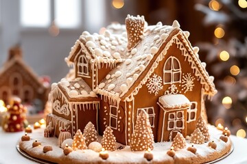 Ginger bread house Christmas decoration. Close-up shot of sweet pastry. Beautiful winter season house. Cute festive holiday dessert. Isolated background, Christmas celebration, traditional home
