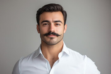 Businessman white crisp shirt poses against a subtle beige background, showcasing a modern minimalist style and a Movember moustache