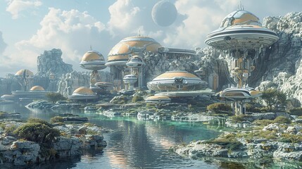 Futuristic Cityscape: Alien Architecture and Spaceship Design