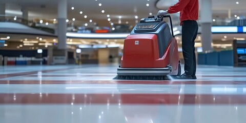 Worker cleaning floor with high speed machine 