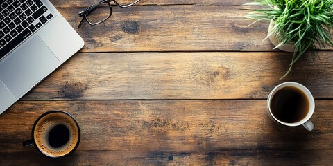 Work from home.Desk office with laptop and coffee cup on wood table.Flat lay top view copy spce.