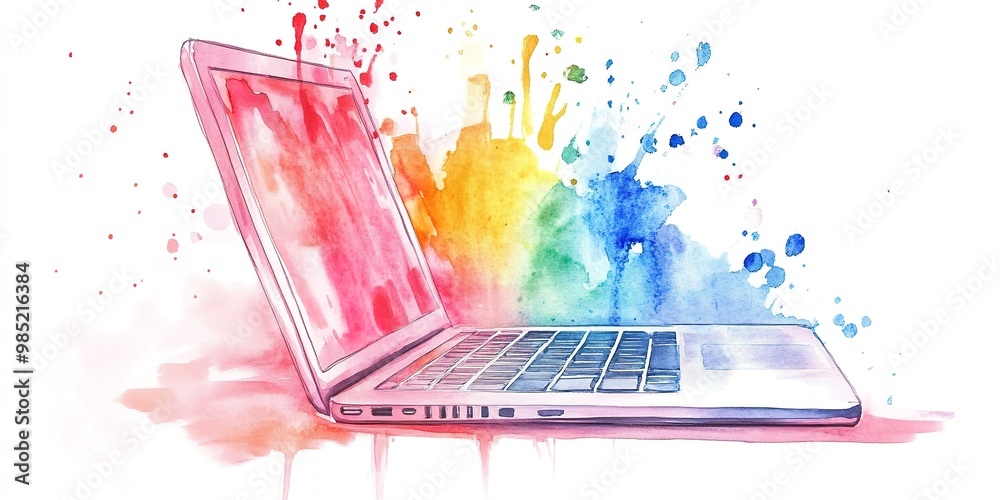 Canvas Prints watercolor colorful laptop computer illustration on white background 