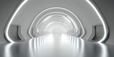 White background 3D room light abstract space technology tunnel stage floor. Empty white future 3D neon background studio futuristic corridor render modern interior silver road black wall design gray 