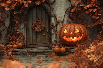 Obraz premium Halloween pumpkin glowing on porch of haunted house with autumn leaves. Halloween