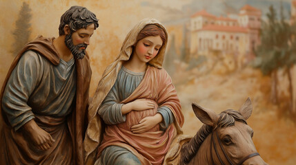 Fototapeta premium Biblical scene of Joseph and Mary heading to Bethlehem