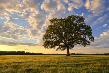 Fototapeta premium Lonely oak tree in golden field with dramatic cloudy sky at sunset