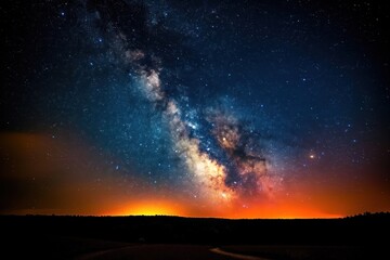 Starry night sky with Milky Way over desert landscape at sunset. Silhouette of mountains against vibrant colorful night clouds. Dark blue sky with stars and galaxies.