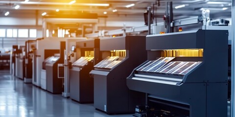 The production floor of a big digital printing company with large print machines printing packaging designs. copy space for text. 