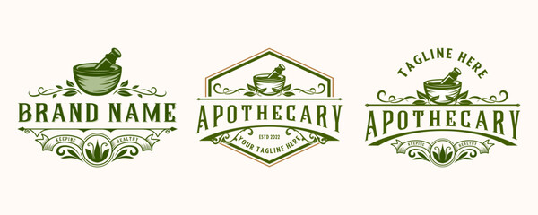 pharmacy logo set . pestle mortar Herbal plant vintage style badge decorative ornament for pharmacy and apothecary