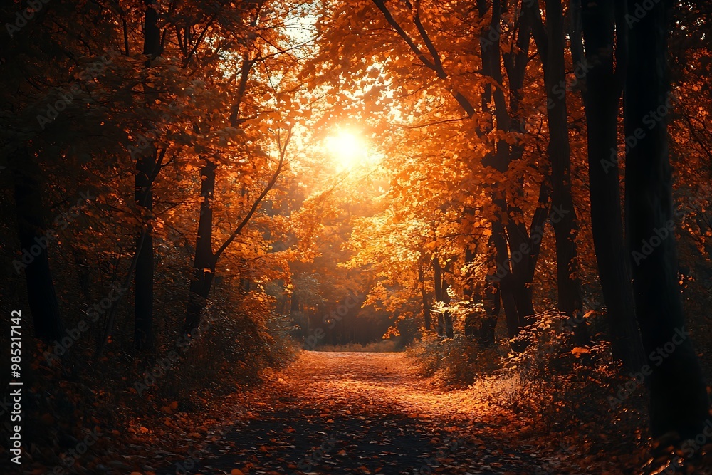 Sticker sunlight shining through autumn foliage in a forest path