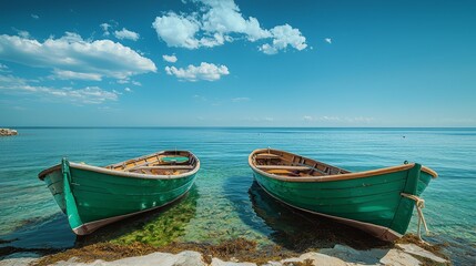 Obraz premium Two wooden rowboats floating on crystal clear water