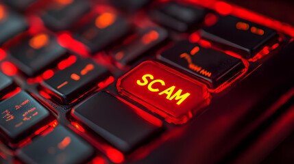 Red Illuminated Keyboard with Scam Key Illustration
