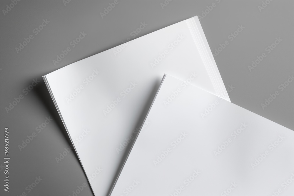 Poster Blank paper sheets on grey background. Top view of paper stack for brochure mock up. Empty pages for printing business card, catalog, company booklet, flier, leaflet, letter, letterhead, mag,