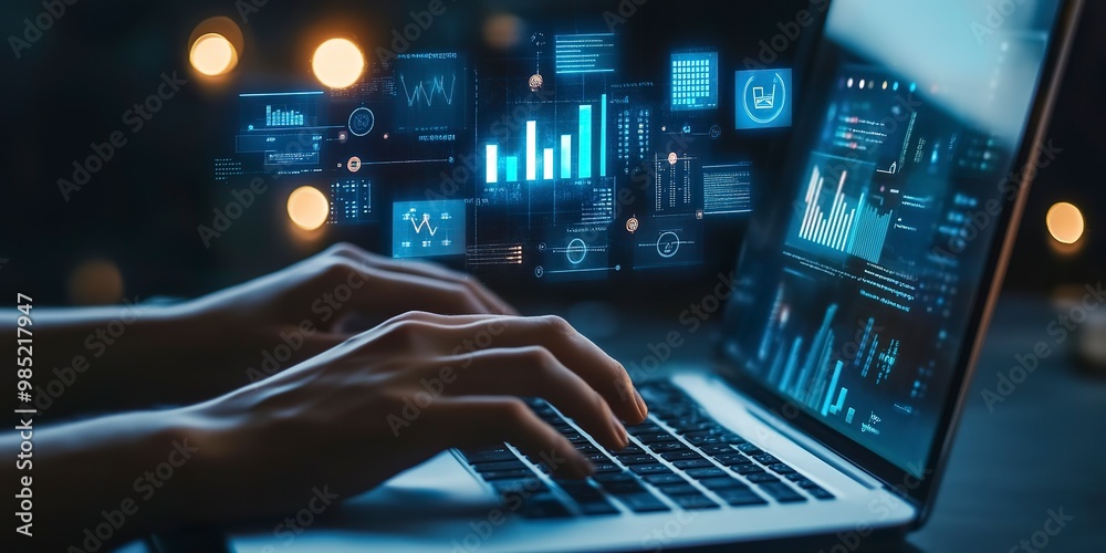 Poster person using laptop with digital icons for analytics and automation floating above the keyboard