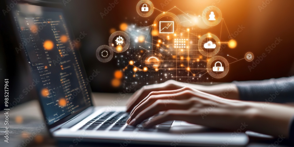 Poster person using laptop with digital icons for analytics and automation floating above the keyboard