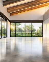 Obraz premium Modern open space living area with large windows and natural light featuring beautiful garden views, wooden beams, and polished concrete flooring.