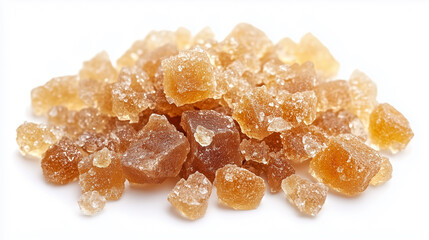 Brown sugar crystals are scattered on white background, showcasing their varying sizes and textures.