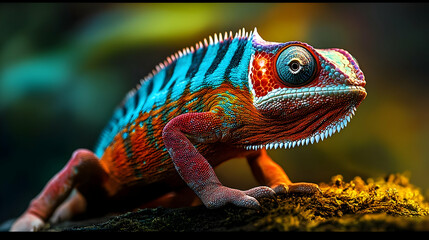 Obraz premium Colorful Chameleon on Branch - Realistic Animal Photo