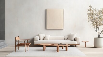 Minimalist living room with modern furniture, neutral tones, and natural decor. The room features a comfortable sofa, chair, and coffee table.