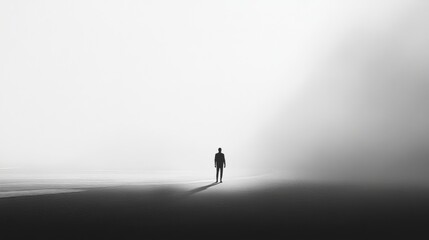 A lone figure stands in a vast, white, hazy landscape. Their silhouette is barely visible against the bright, white background.