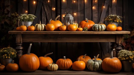 A festive display of pumpkins on a rustic wooden table