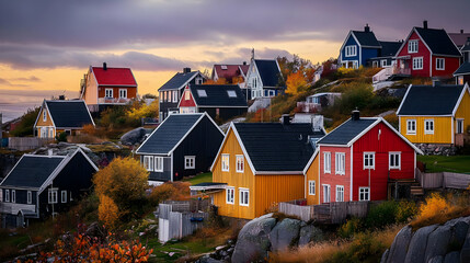 Colorful Houses on a Hillside at Sunset - Photo