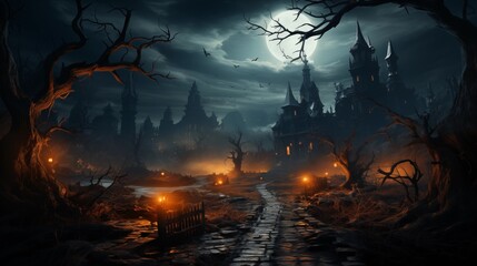 Obraz premium A haunted house with bats and spiders. Halloween background