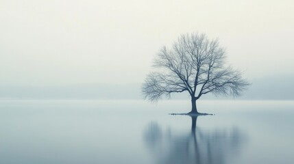 A lone tree stands in a misty lake, its reflection mirroring its branches.