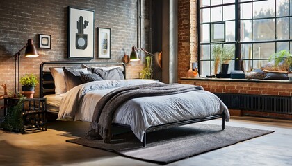 インダストリアルロフトスタイルのベッドルームとメタルフレームベッド |Industrial Loft Bedroom with Metal-Framed Bed and Minimalist Decor