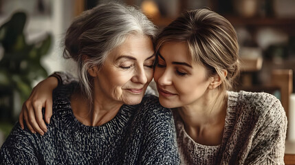 Photo of two women, mother and daughter, hugging and smiling