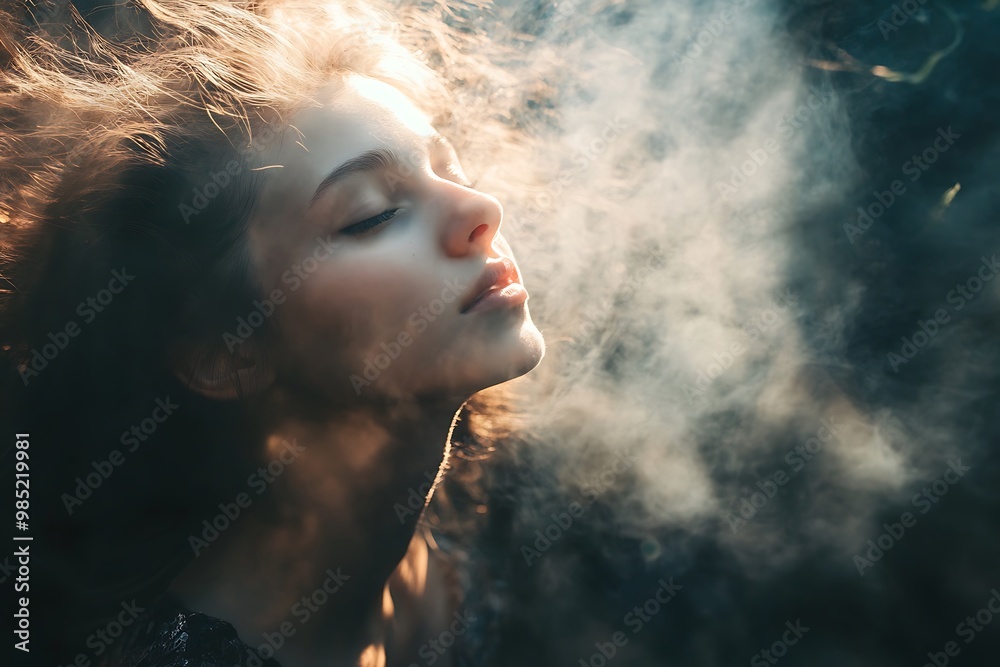 Canvas Prints Woman with closed eyes in fog, dreamy, ethereal mood, sunlight