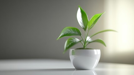 A small green plant in a white pot on a table, illuminated by soft light.