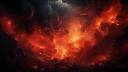 Fototapeta premium Abstract background featuring fiery red sky with flame and smoke effect Suitable for spooky, Halloween, inferno, and evil concepts, with space for design