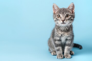 Obraz premium Gray tabby cat sits on light blue background with space for text. Cute, fluffy, lovely pet animal. Gentle, domestic, carnivore mammal with whiskers, fur. Happy, healthy companion creature.