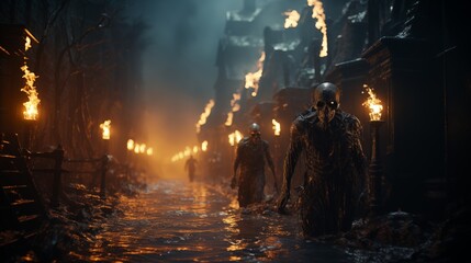 Fototapeta premium Apocalypse fantasy scene hroup of zombie walking. Halloween concept