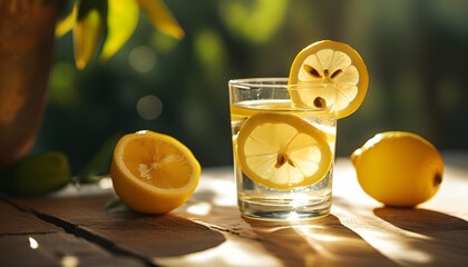 Refreshing lemonade with lemon slice and whole lemon on sunlit table