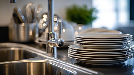 Obraz premium Stack of clean plates next to a modern kitchen sink