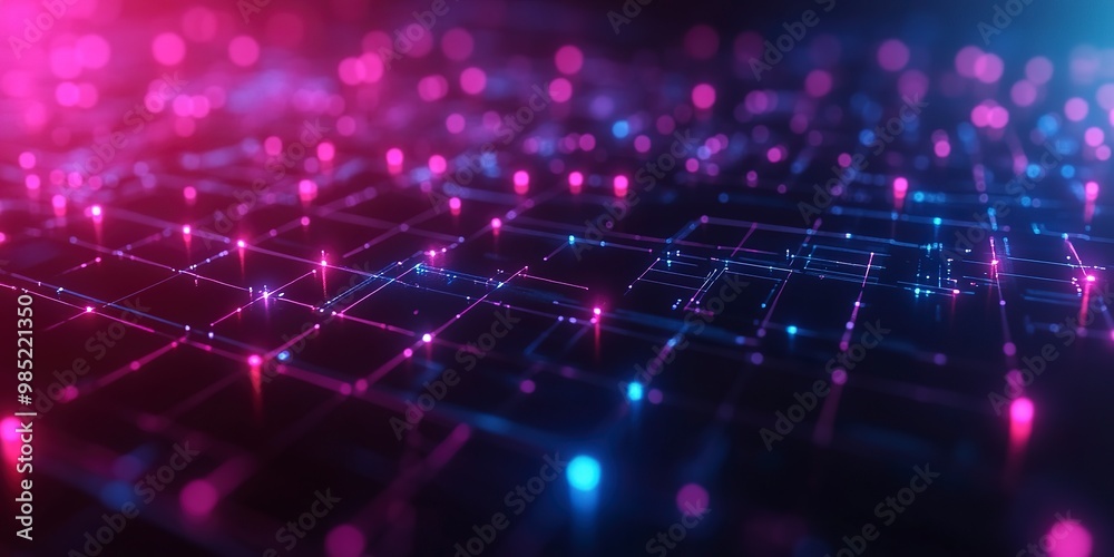 Wall mural dark grid abstract background with minimalist tech elements and futuristic hub connections, softly g