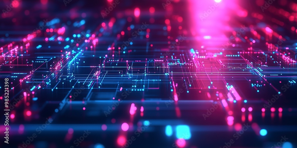 Wall mural dark grid abstract background with minimalist tech elements and futuristic hub connections, softly g