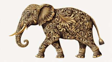 A regal golden elephant in vector art, with intricate details and a graceful pose, set against a clean white backdrop for a refined visual