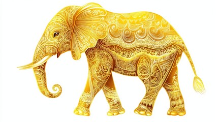 Fototapeta premium Beautiful golden elephant in an elegant stance, with intricate details, illustrated in vector art on a bright white backdrop
