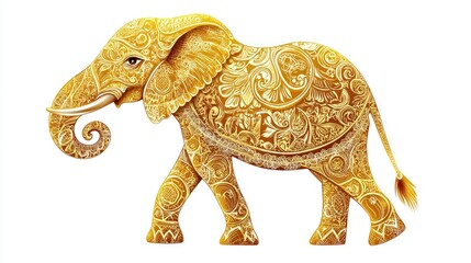 Beautiful golden elephant with an elegant stance, featuring intricate patterns, illustrated in vector art on a clean white background