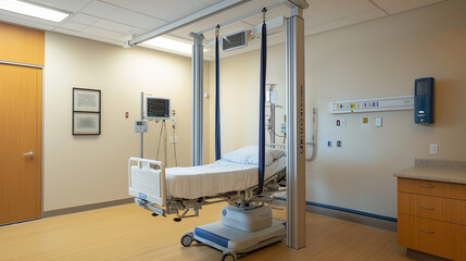 A patient lifting hoist in a hospital room, aiding in patient mobility