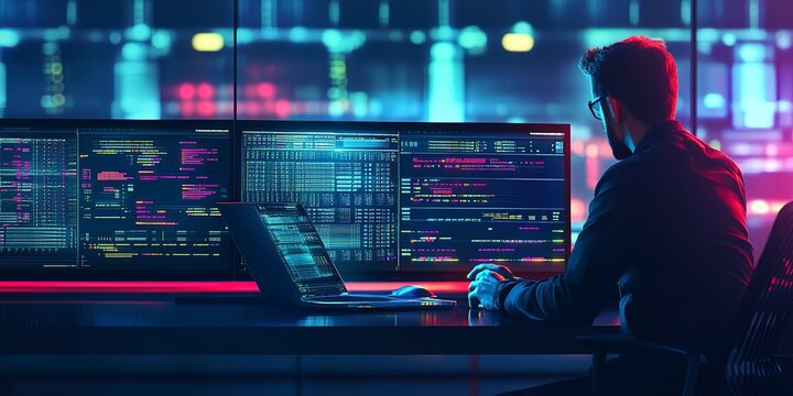 Computer engineer working on laptop computer with server room data center big data storage as backgrounds digital technology database IT support telecommunication internet network tech 