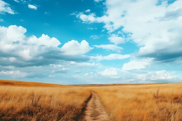 Fototapeta premium Dirt road leading through a field of tall dry grass under a blue sky with fluffy clouds