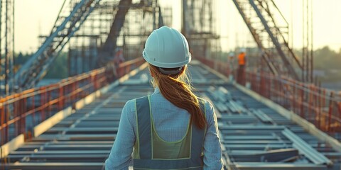 Civil engineer woman supervising bridge construction. Construction project. Engineer on bridge under construction. Crews working on the bridge. White hard hat and vest