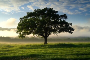 Obraz premium Lonely Oak Tree Silhouette in Foggy Meadow at Sunrise