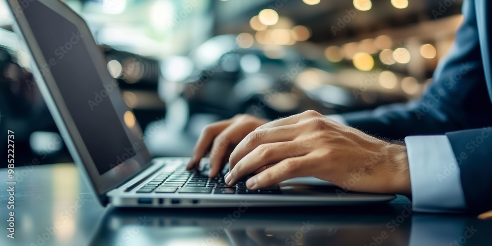 Poster Businessman typing on laptop with car in background. car insurance. car sales, car service. 