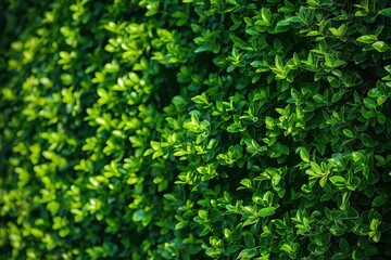 Obraz premium Close-up of a vibrant green bush hedge with dense foliage. Leafy shrub texture on a bright green background. Lush growth of greenery in a natural garden landscape.